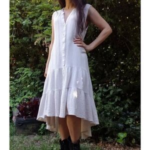 DREW Hi Lo V-Neck Sleeveless Bohemian Cotton Gauze Stone Maxi Dress Women's M